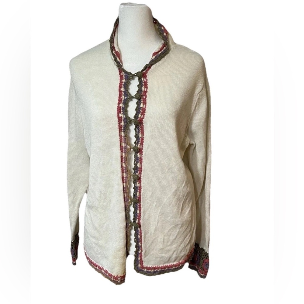 Vtg Crochet Cardigan L Off White Crochet Floral Accents Buttons Granny Coastal